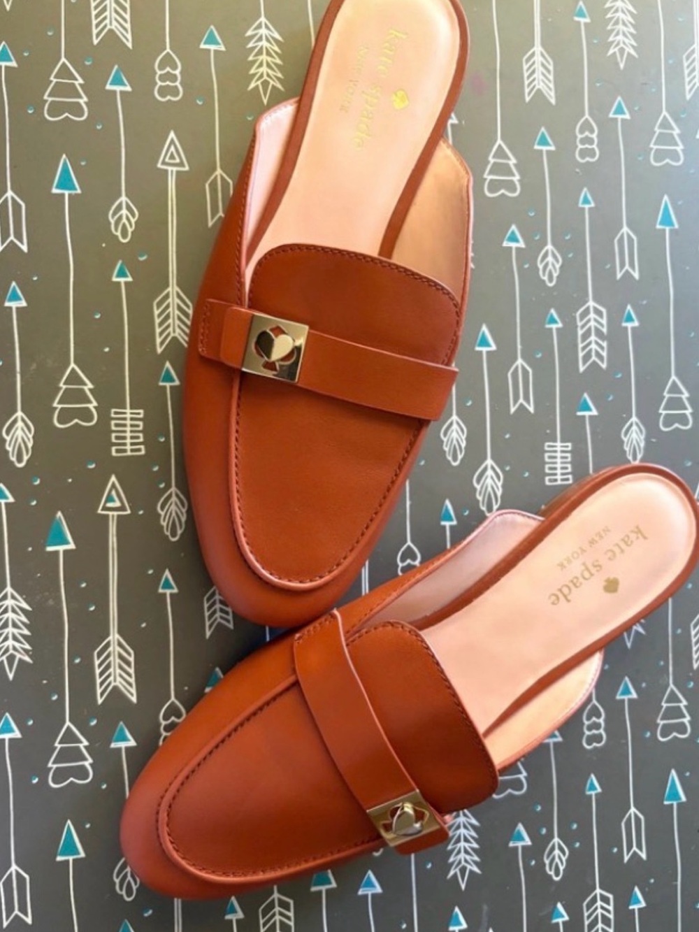 kate spade Men's Tan Leather Slide Mules with Gold Accent